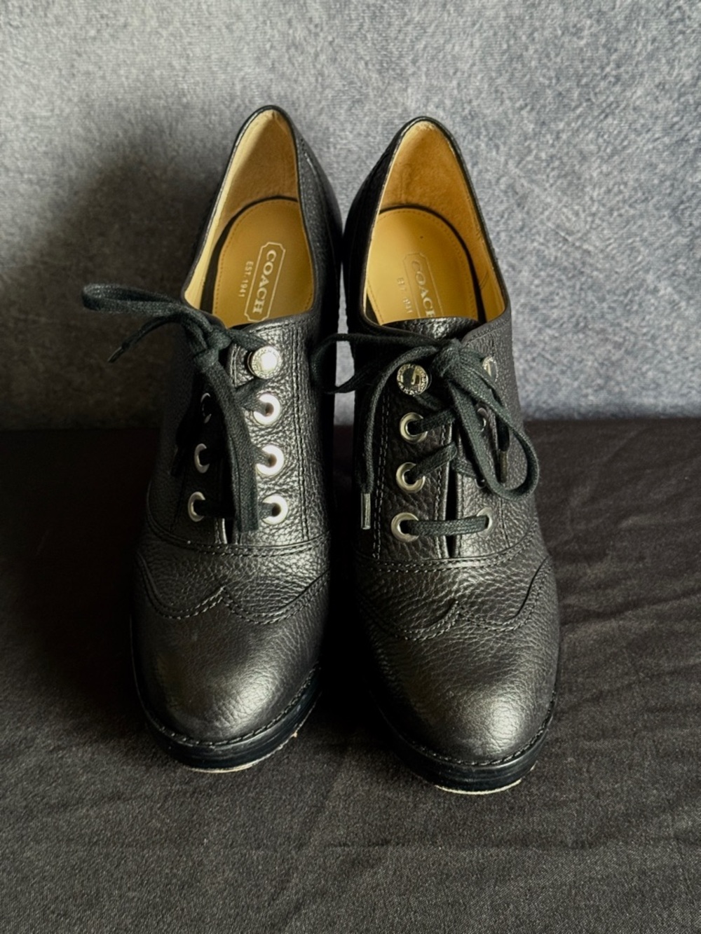 Coach Black Leather Wingtip Lace-Up Heels